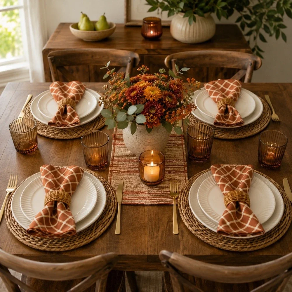 Set of 4 Terracotta Brown Lattice Print Cloth Napkins Autumn Harvest Table Decor